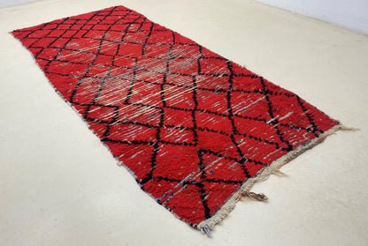 Bold Red with Black Diamond Pattern 4x8.5 Rug, Handwoven Vintage Moroccan Rug.