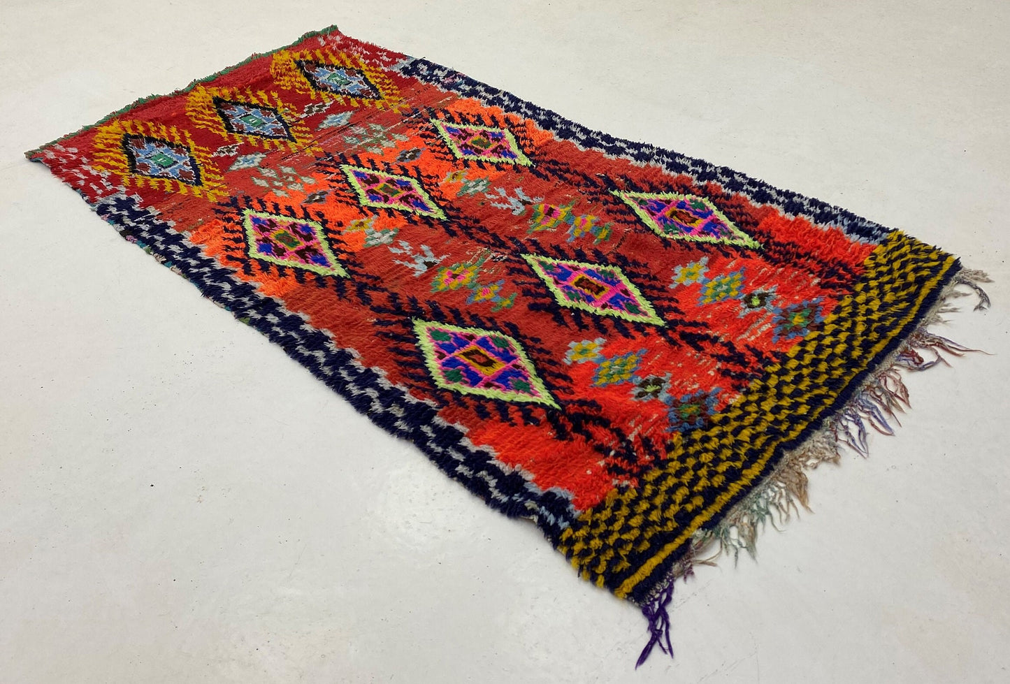 Moroccan Diamond worn area 3x6 rug, Small vintage wool rug.