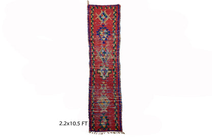 Tapis de couloir long rouge marocain 2x10,5, tapis d'entrée vintage.