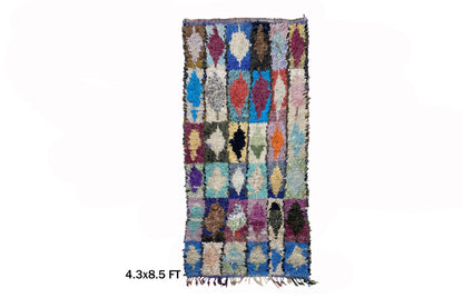 Tapis de couloir marocain Boucherouite 4x9, motif diamant coloré.