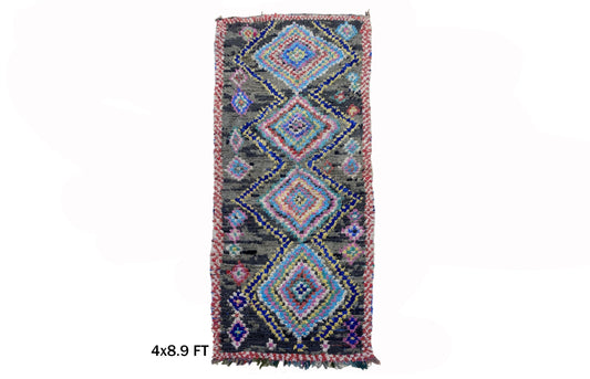 Tapis de couloir marocain Boucherouite 4x9, décoration bohème vintage pour votre maison.