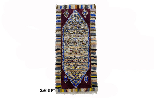 Tapis de couloir tissé vintage marocain 3x7, textile berbère coloré.