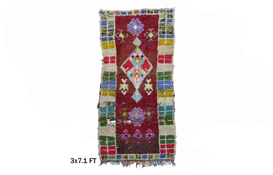 Tapis berbère marocain 3x7, tapis de couloir vintage d'occasion, tapis bohème coloré.