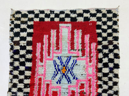 Checkered border Moroccan Rug, 3x6 Vintage Boho Rug Runner.