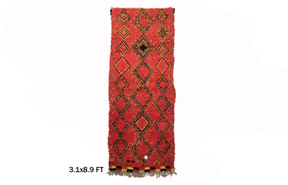 Tapis marocain vintage à losanges 3x9, tapis de couloir berbère unique bohème.