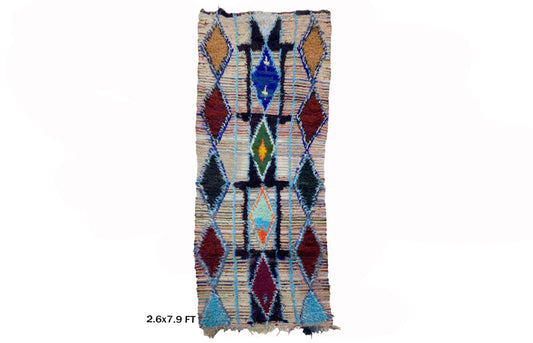 Tapis marocain 3x8, tapis de couloir berbère à losanges, tapis de couloir bohème vintage.