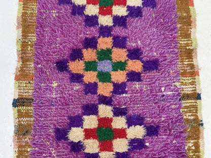 Tapis à carreaux violets, 3x6, tapis berbère marocain unique.