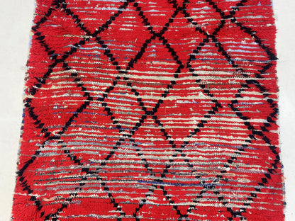 Bold Red with Black Diamond Pattern 4x8.5 Rug, Handwoven Vintage Moroccan Rug.