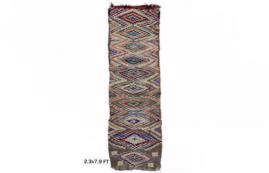 Colorful Checkered Runner Rug, Narrow Moroccan 2x8 Runner Rug, Unique Home Rug.