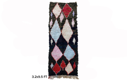 3x10 Boucherouite Moroccan Runner Rug, Diamond Vintage Rug.