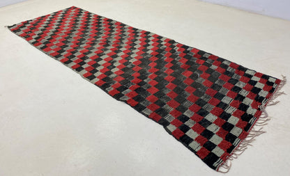 Handwoven 3x9 Moroccan Vintage Runner Rug, Bohemian Berber Checkered Rug Runner.