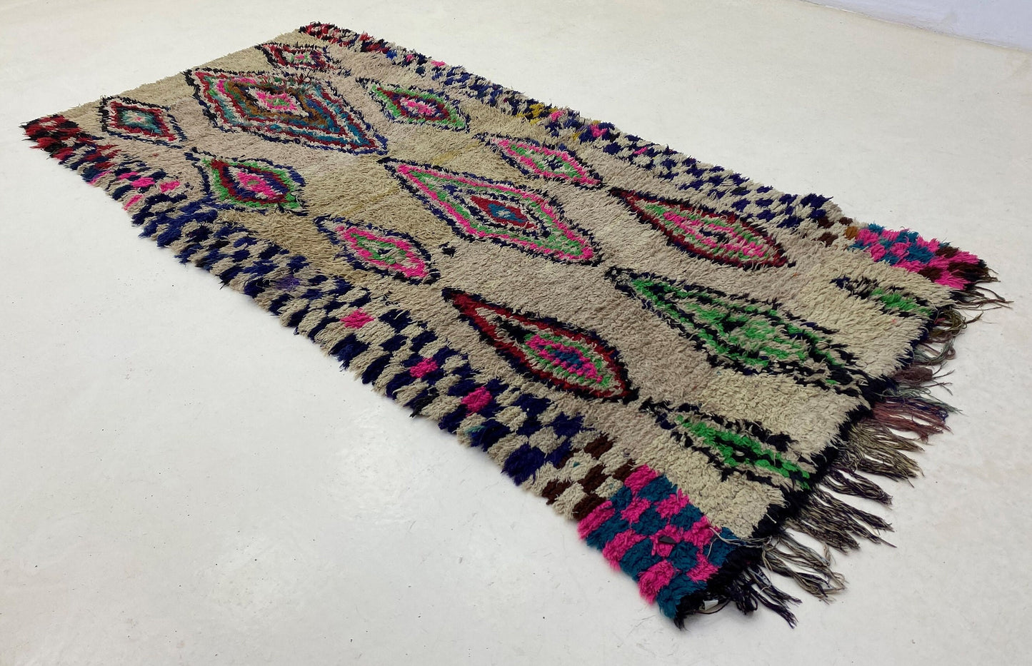 Bohemian Moroccan Azilal 3x7 Runner Rug, Diamond Wool Rug Runner.