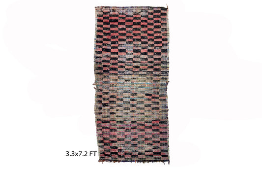 Checkered Vintage 3x7 Runner Rug , Unique Moroccan Berber colorful rug.