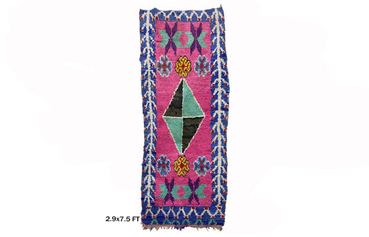 Tapis de couloir marocain coloré 3x7,5, tapis de couloir berbère vintage.