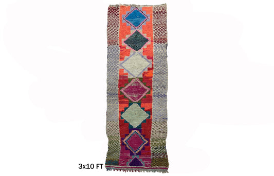 Tapis de couloir marocain, tapis de couloir coloré vintage 3x10, tapis de couloir berbère bohème.