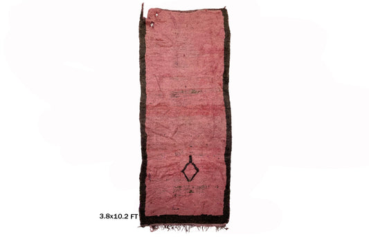 Tapis de couloir marocain étroit 4x10, tapis de couloir rose vintage.