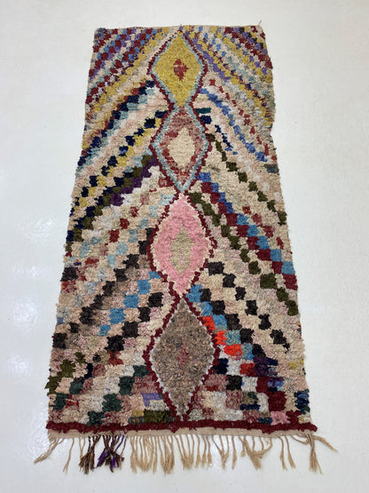 3x7 Checkered Moroccan Rug Runner, Diamond Vintage Worn Runner.