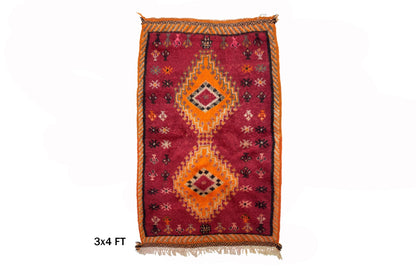 3x4 Vintage Moroccan Area Rug, small Berber Design.