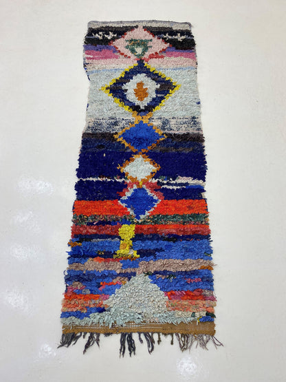 Tapis de couloir vintage étroit 2x7, tapis de couloir marocain à losanges.