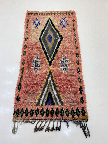 Diamond Moroccan Rug Runner, Unique Worn Vintage 3x7 Rug.