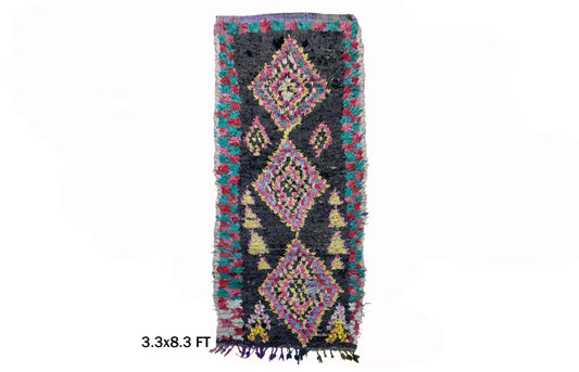 Tapis de couloir marocain Boucherouite 3x8, tapis de couloir berbère vintage coloré.