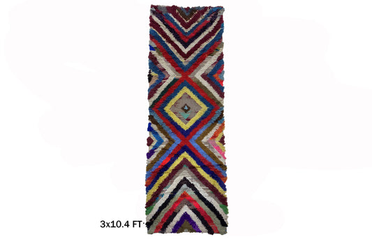 Tapis marocain, tapis vintage géométrique vibrant 3x10, tapis à chevrons unique.