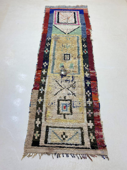 Tapis de couloir marocain Boucherouite de 3 x 11 po de long, tapis de couloir berbère vintage unique.