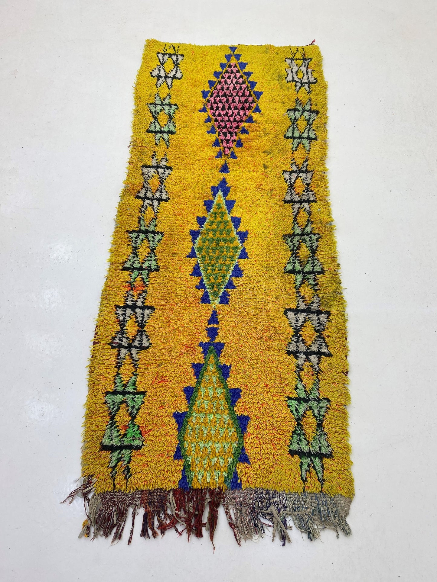 Yellow Diamond 3x7 Runner, Vintage Moroccan Runner Rug.