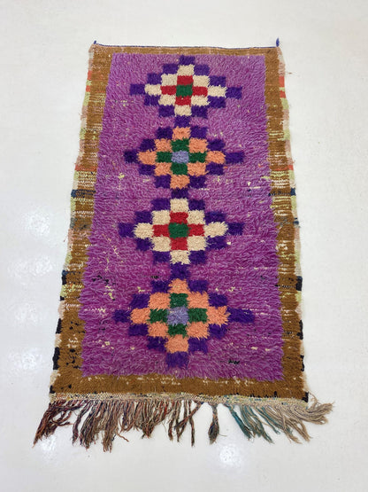 Tapis à carreaux violets, 3x6, tapis berbère marocain unique.