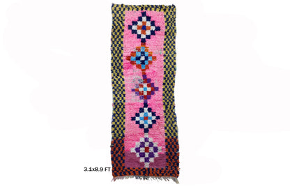 Tapis de couloir marocain à longs diamants, tapis tissé coloré 9x3.