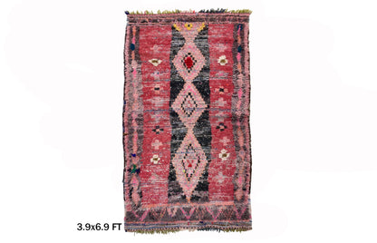 Tapis marocain 4x7, tapis berbère vintage en laine rouge délavé, tapis de salon unique.