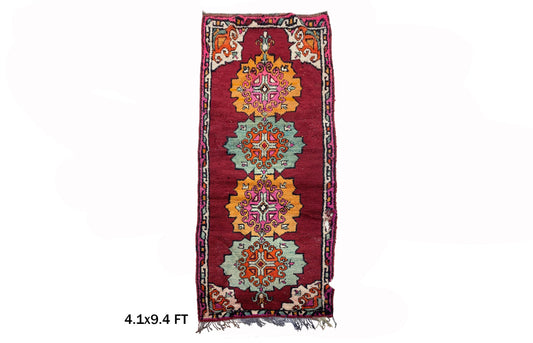 Tapis de couloir berbère marocain luxueux 4x9, décoration d'intérieur vintage en laine.