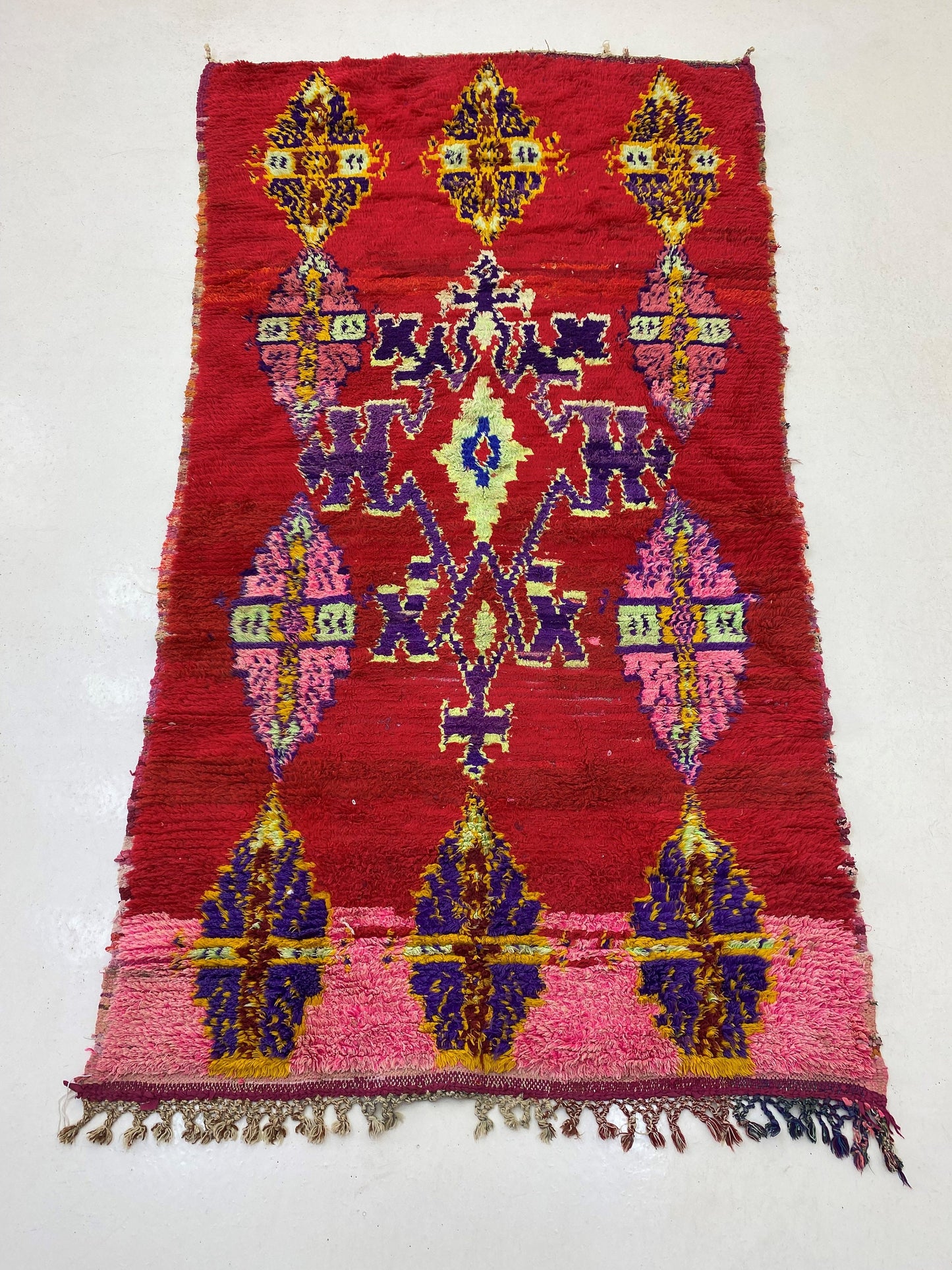 Tapis marocain rouge, tapis berbère vintage en laine 4x7,5, tapis de salon unique.