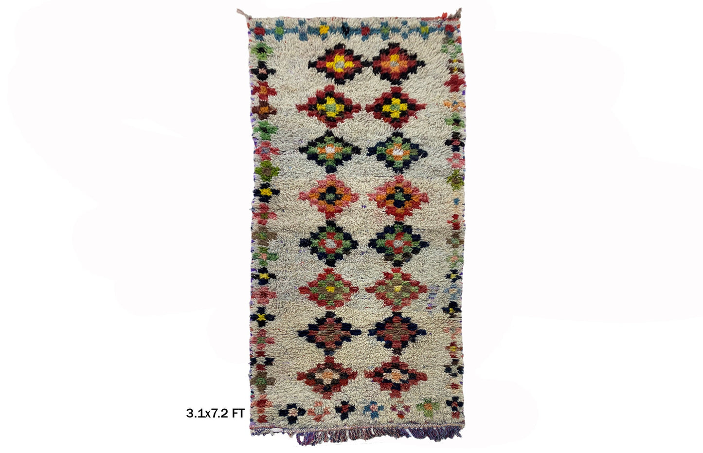 Tapis marocain traditionnel 3x7, tapis diamant vintage unique.