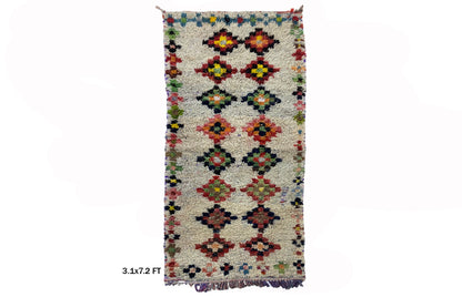 Tapis marocain traditionnel 3x7, tapis diamant vintage unique.