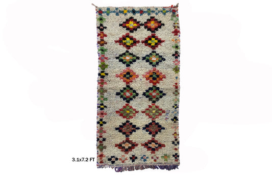 Tapis marocain traditionnel 3x7, tapis diamant vintage unique.