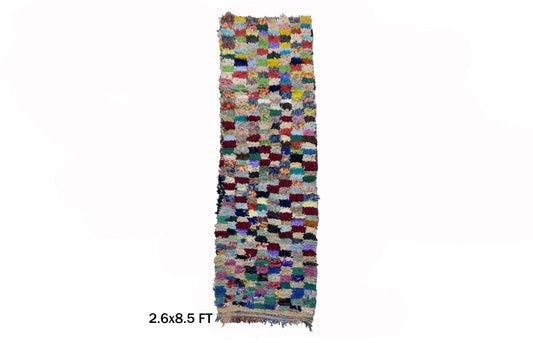 Tapis de couloir marocain Boucherouite 3x9, décor bohème vintage berbère.