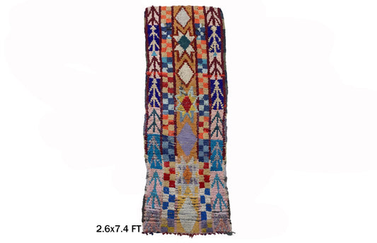 Tapis marocain Boucherouite 3x7, tapis de couloir vintage coloré.