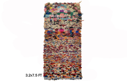 Tapis de couloir marocain étroit 3x7,5, tapis de couloir vintage coloré.