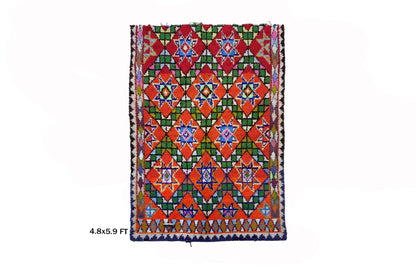 Tapis marocain rouge 5x6, tapis bohème vintage.