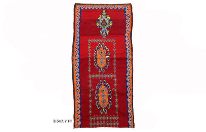 Tapis de couloir marocain rouge 3,5 x 8, tapis de couloir vintage unique.