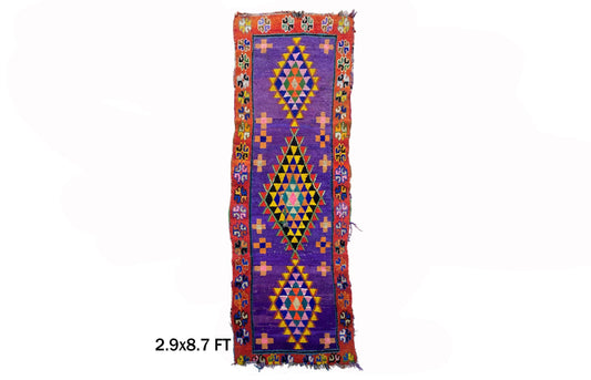 Tapis de couloir marocain coloré 3x9, tapis berbère vintage.