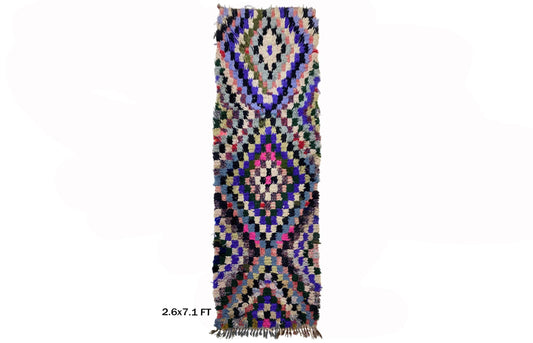 Tapis de couloir marocain étroit 3x7, tapis de couloir coloré à carreaux.